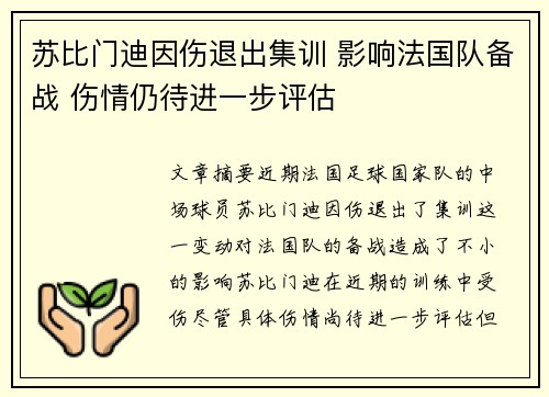 苏比门迪因伤退出集训 影响法国队备战 伤情仍待进一步评估