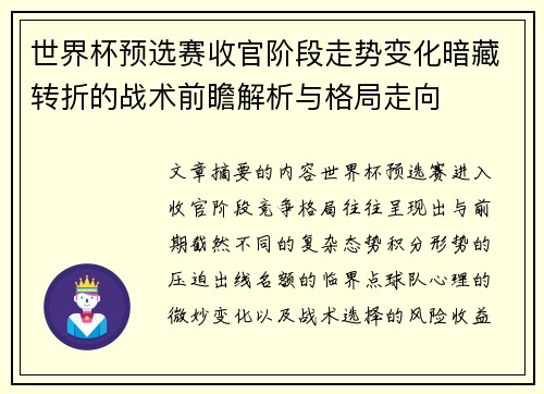 世界杯预选赛收官阶段走势变化暗藏转折的战术前瞻解析与格局走向