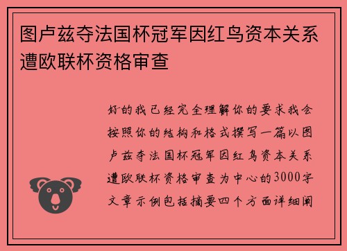 图卢兹夺法国杯冠军因红鸟资本关系遭欧联杯资格审查 图卢兹夺法国杯冠军因红鸟资本关系遭欧联杯资格审查